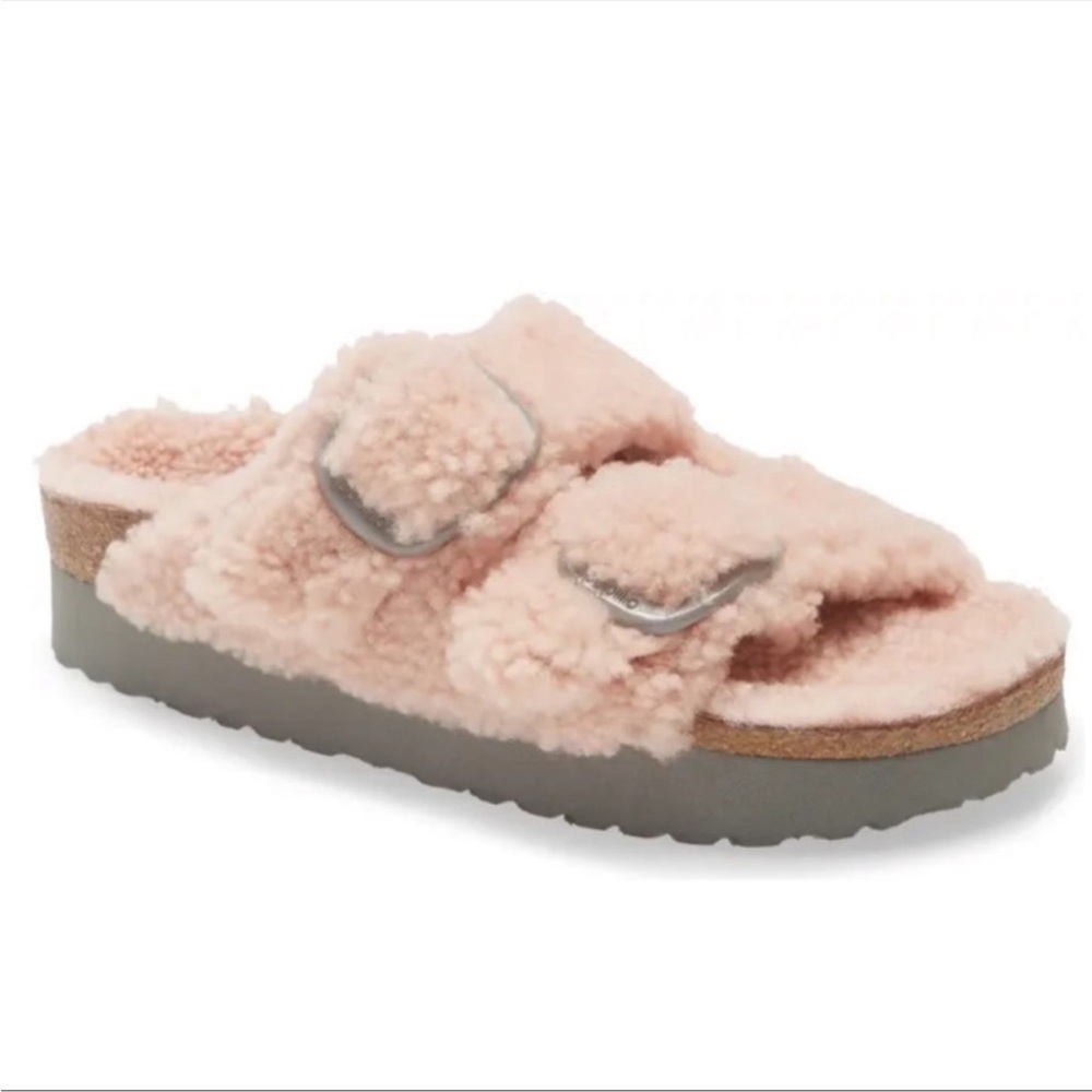 NEW Birkenstock Papillio Arizona Shearling Platform Big Buckle Sandal 38 Teddy